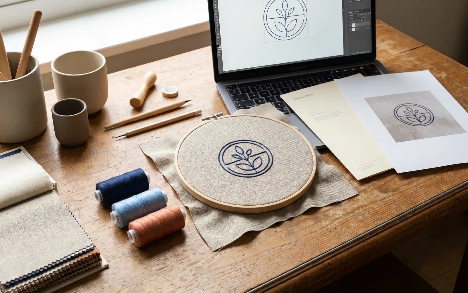 Arbeitsplatz mit Stickrahmen, Garnrollen und Vektorkurven am Bildschirm – Stickdateien und Vektorisierung von Dekorfabrik