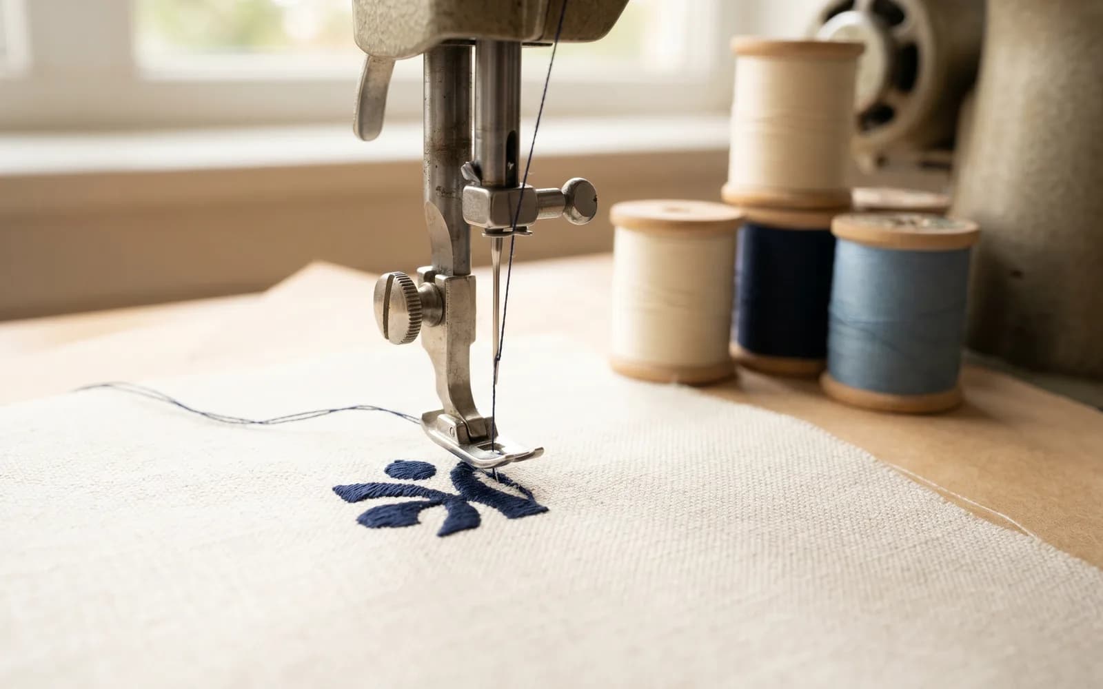 Stickmaschine stickt Logo-Motiv mit sauberer Stichführung – Stickdatei-Digitalisierung ab 25 € netto
