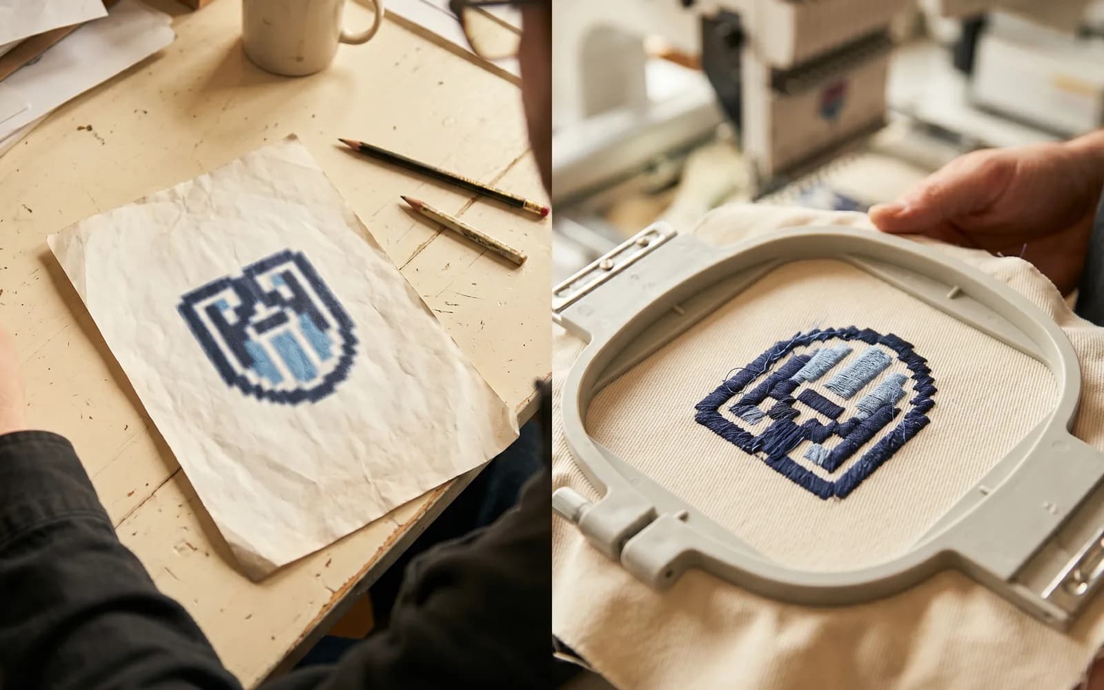 Vorher-Nachher: verpixeltes Vereinswappen als JPG und fertig gesticktes Wappen auf Stoff